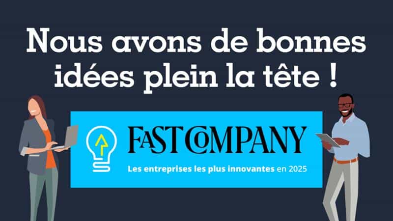 Illustration de deux collègues avec le logo des entreprises les plus innovantes 2025 entre eux avec le texte 